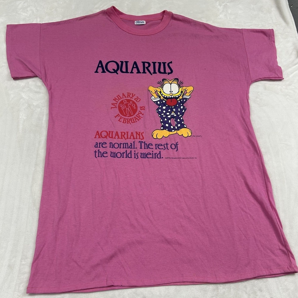 Flirts Garfield Aquarius Nightshirt Women OS Pink Vintage Zodiac Graphic Tee